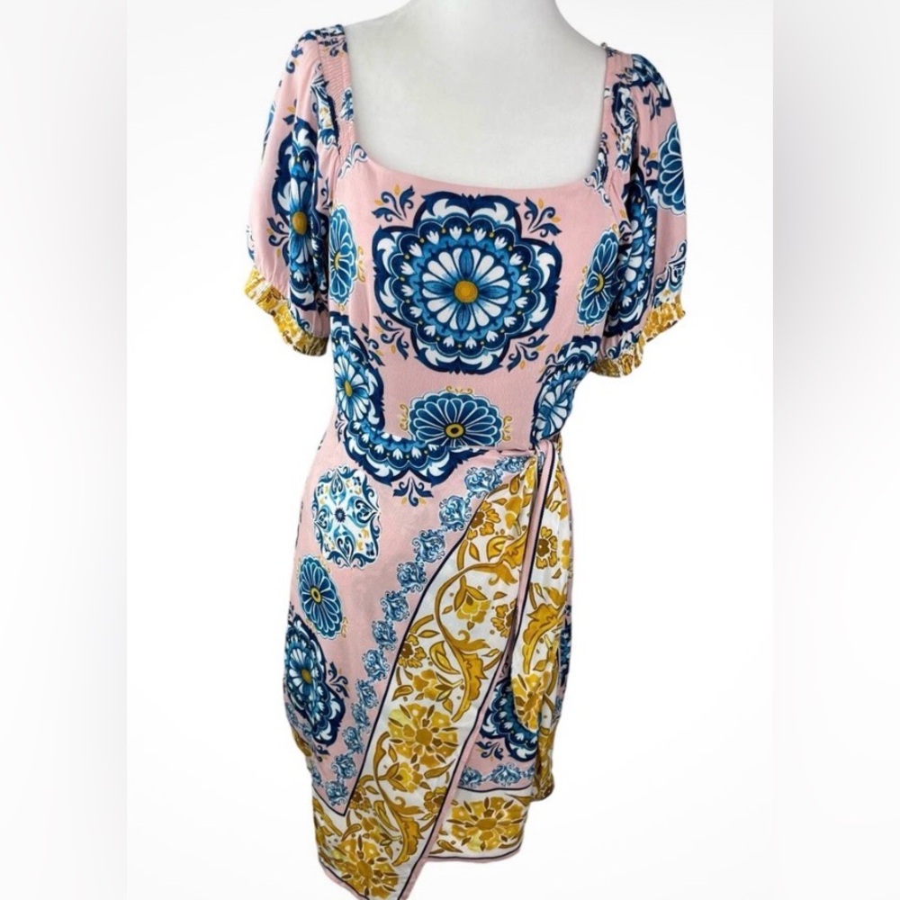 Anthropologie Maeve Faux Wrap Floral pink Linen Dress